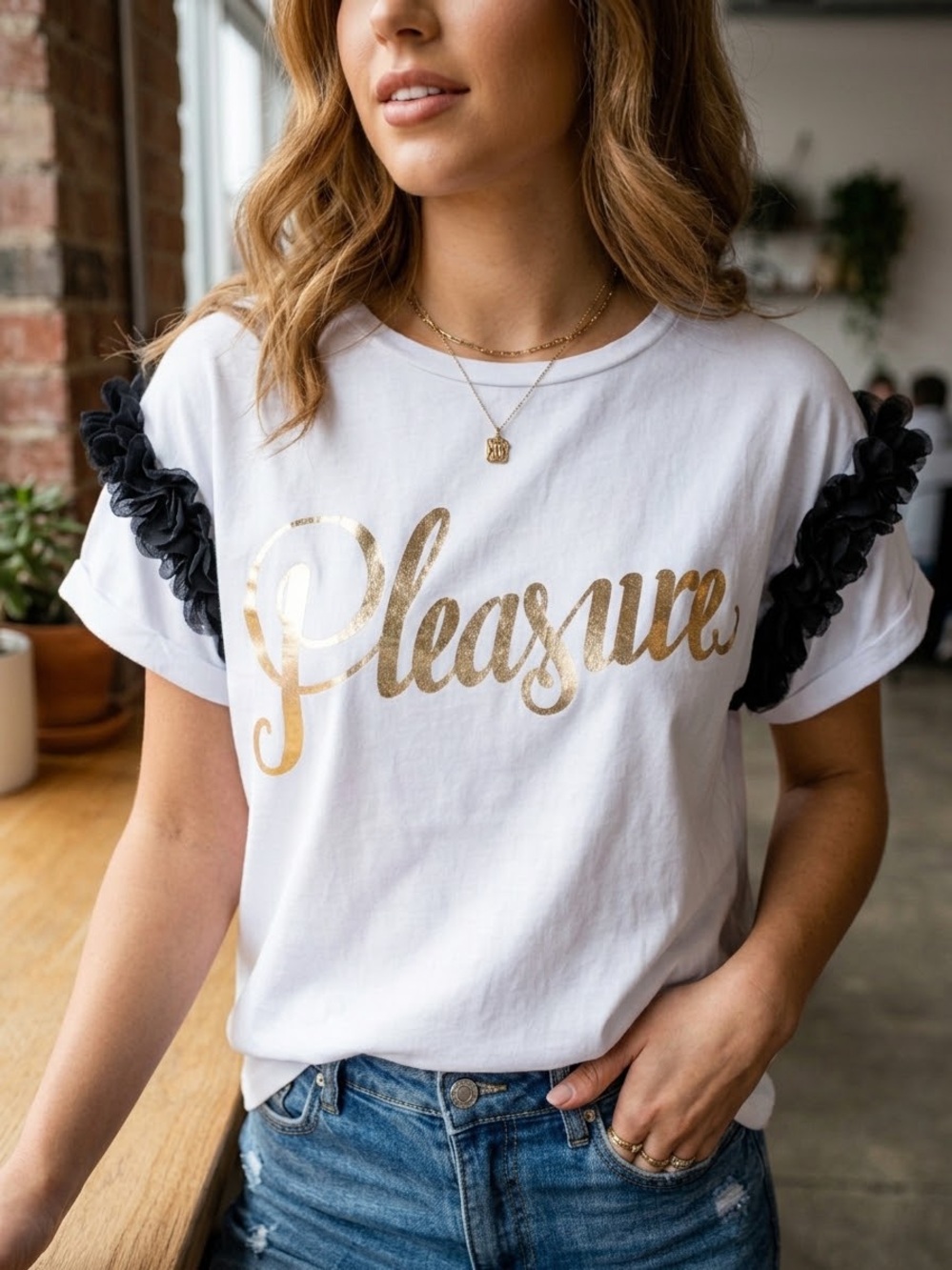 Pleasure Short Sleeve Graphic Tee - White with Gold Script